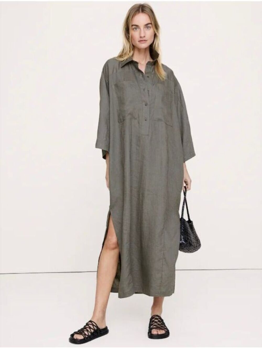 100% Linen Banana Republic Linen Popover Shirt Dress Nori Green